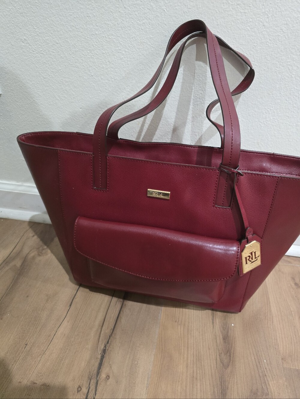 Lauren Ralph Lauren Burgundy Cowhide Leather Tote with Front Pocket